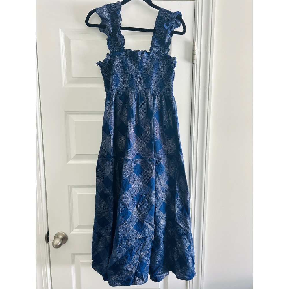Hill House Home Ellie Nap Dress Navy Blue Silver Metallic Plaid Smocked Midi L - Picture 3 of 6